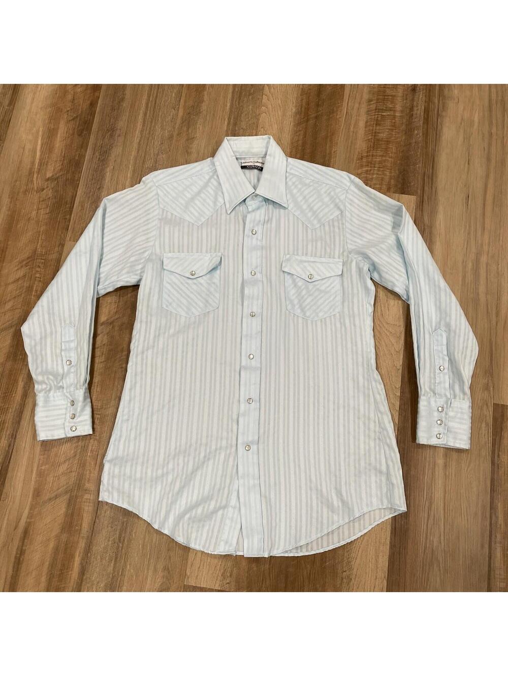 Karman 15.5-33 Medium Mens Shirt Pearl Snap Vintage Blue With Striped Pattern